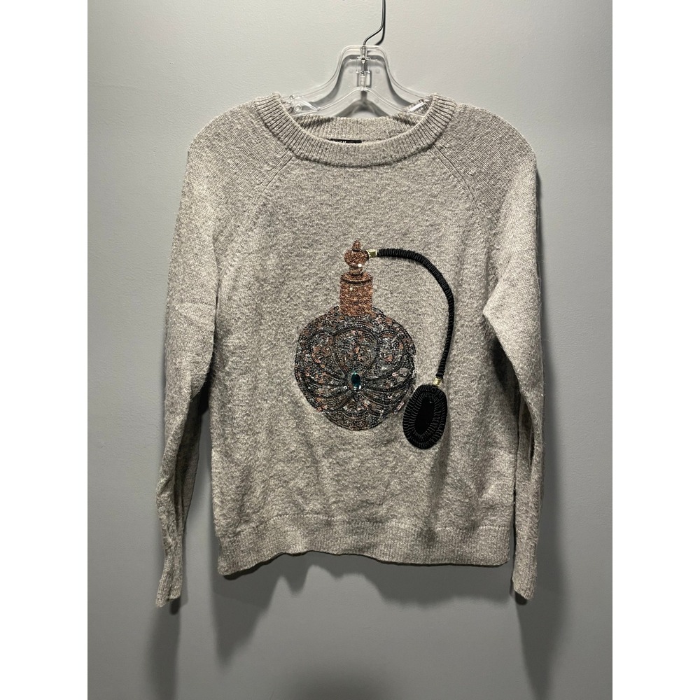 HM Grey Alpaca Blend Sequin Perfume Bottle Graphic Sweater Small